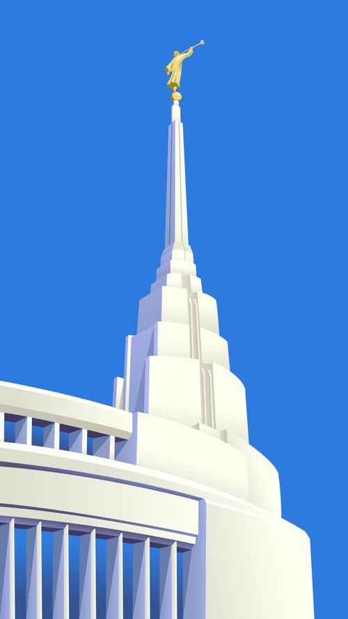 The October Youth Event poster depicts an illustration of an angel Moroni statue set atop a temple spire cast against a blue sky.