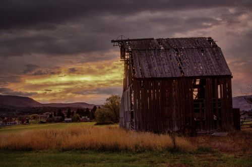 A sunrise over a run-down barn in Utah, surrounded by yellow weeds and houses in the distance.