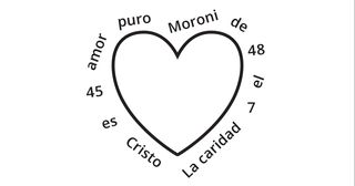 un dibujo de un corazón con la referencia y la frase clave del pasaje de Moroni 7:45–48 rodeando el corazón en orden aleatorio