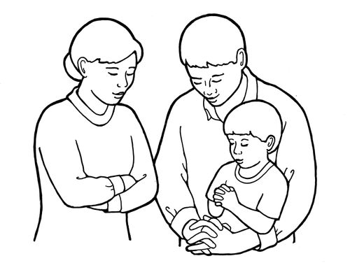 A black-and-white illustration of a mother and father and young son kneeling together with hands folded to pray.