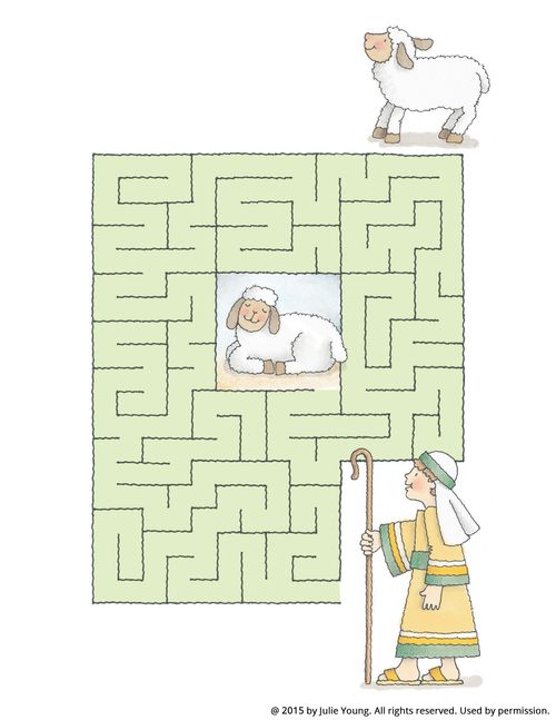 A maze starting with a shepherd boy holding a staff, leading to a white sheep in the middle of the maze.