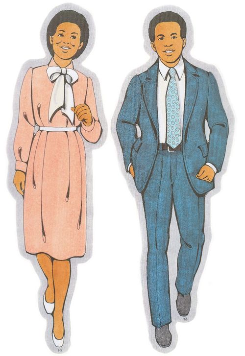 Two Primary cutouts of a black mother walking in a light pink dress and a black father walking in a white shirt, blue tie, and blue suit.