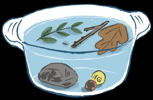 a bowl of water with rocks and leaves