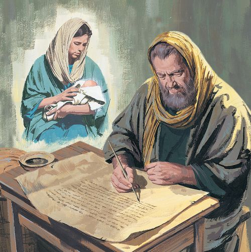 A prophet sees Mary holding the baby Jesus.  He is writing on a piece of paper. - intro.-9