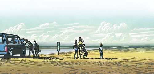 Illustration depicting a family at the side of a road.  Their minivan has broken down near Limon, Colorado.