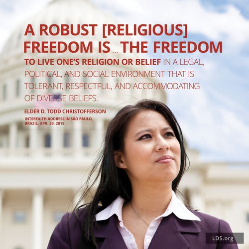An image of a woman standing in front of a government building with these words: "A robust [religious] freedom is … the freedom to live one's religion or belief in a legal, political, and social environment that is tolerant, respectful, and accommodating of diverse beliefs."