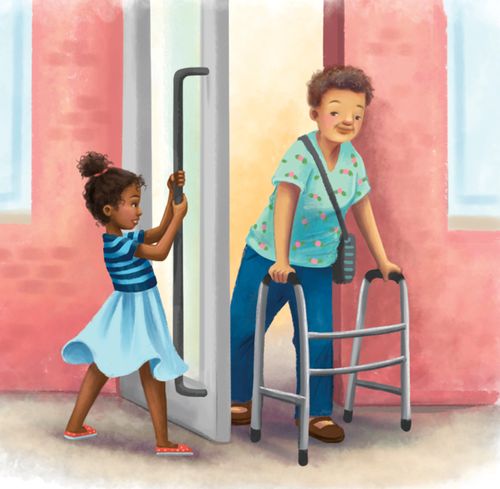 girl holding door open for woman with walker