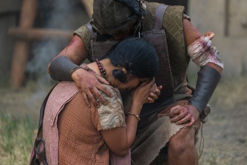 A woman cries after a small army of Nephites return from a battle with the Lamanites that left many wounded and dead.