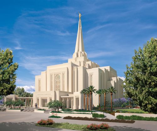 A digital artistic rendering of the Gilbert Arizona Temple on a sunny day, with two large green trees growing near the front of the temple.