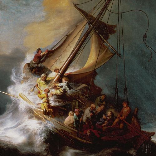 Jesus and disciples in boat during a storm