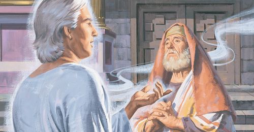 The angel Gabriel talking to Zacharias in the temple. ch.1-3