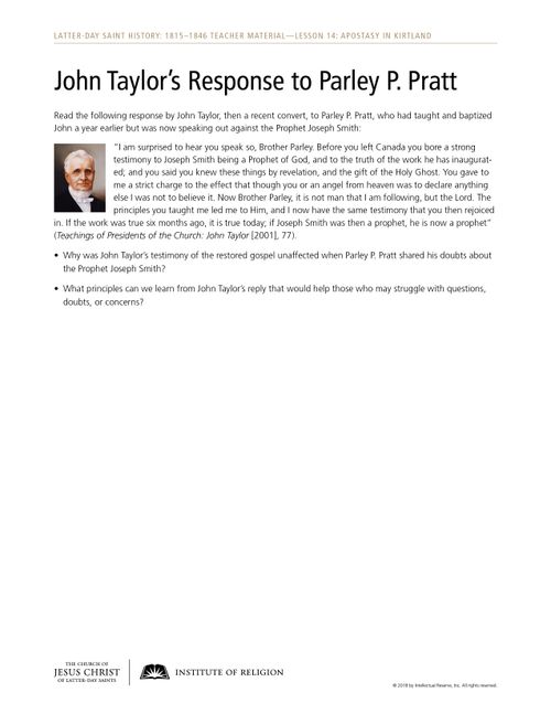 John Taylor’s Response to Parley P. Pratt handout