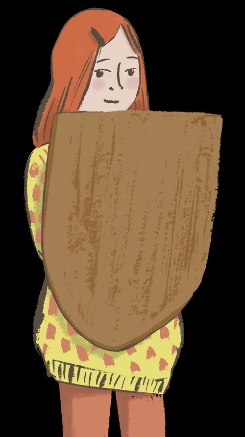 girl holding cardboard shield