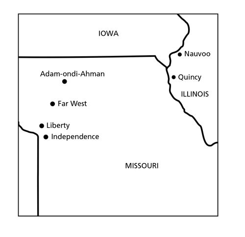 mapa míst spojených s historií Církve ve státech Missouri a Illinois