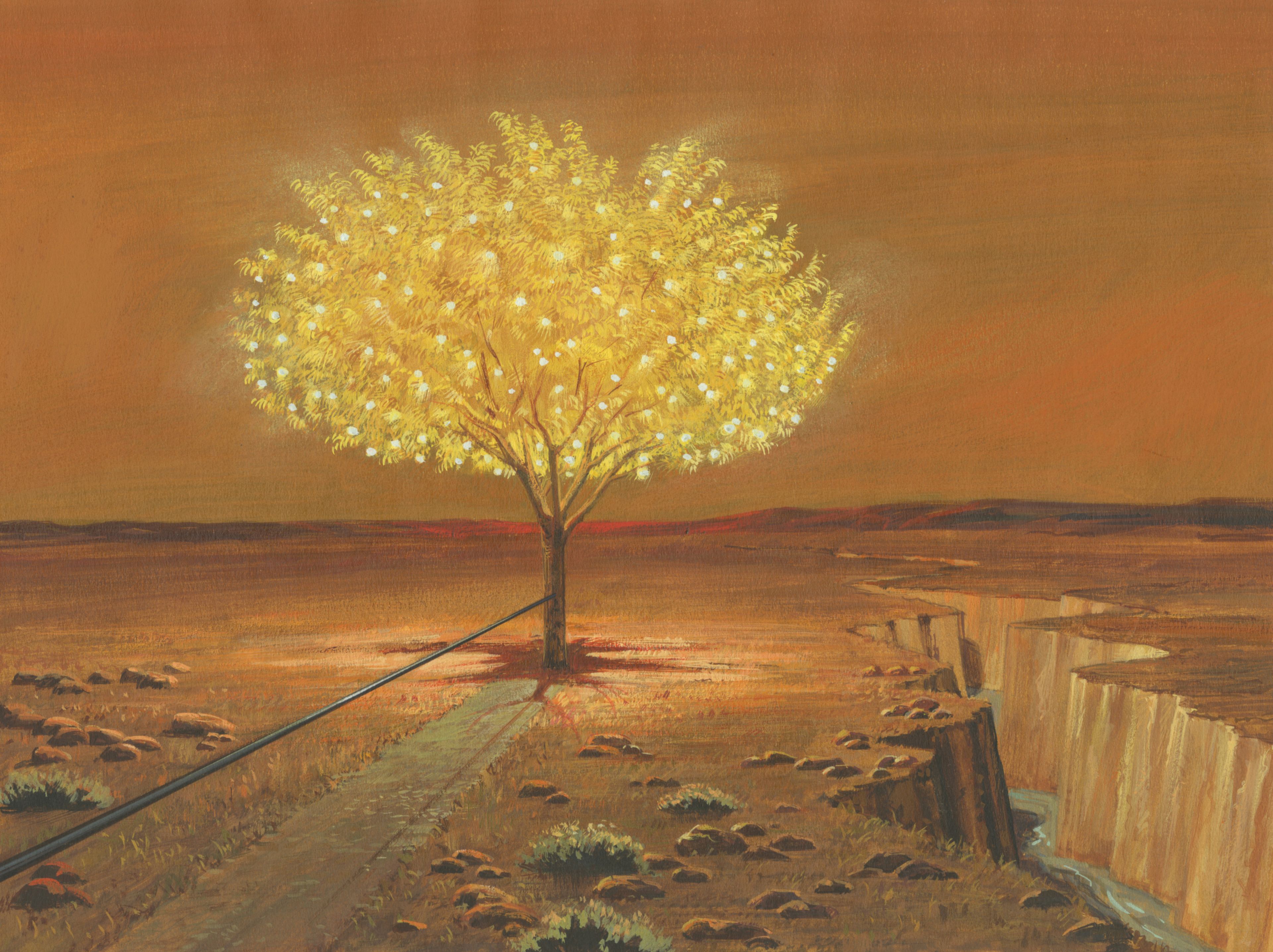 A painting by Jerry Thompson depicting the tree of life and rod of iron; Primary manual 4-13