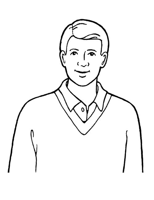 A black-and-white illustration of a man with his hair parted on the side, wearing a V-neck sweater with a collared shirt underneath it.