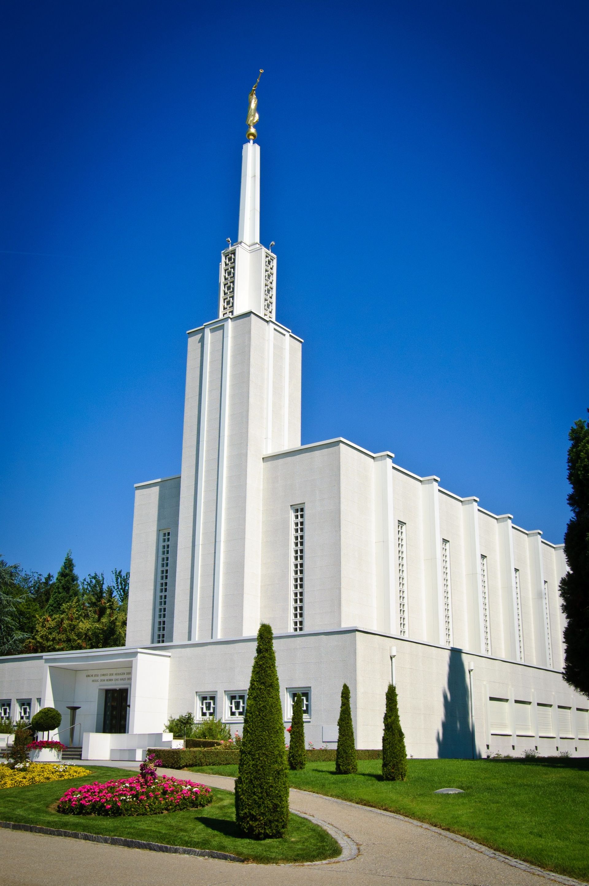 The entrance to the Bern Switzerland Temple welcomes members from several countries in Europe.