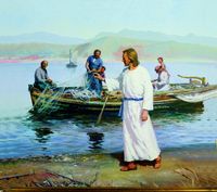 Christ (in white robes) walking along a seashore. He is beckoning to Peter and Andrew (who are on a fishing boat with other fishermen) to follow Him. The painting depicts Christ's calling of Peter and Andrew to follow Him as they would later be ordained as His Apostles.