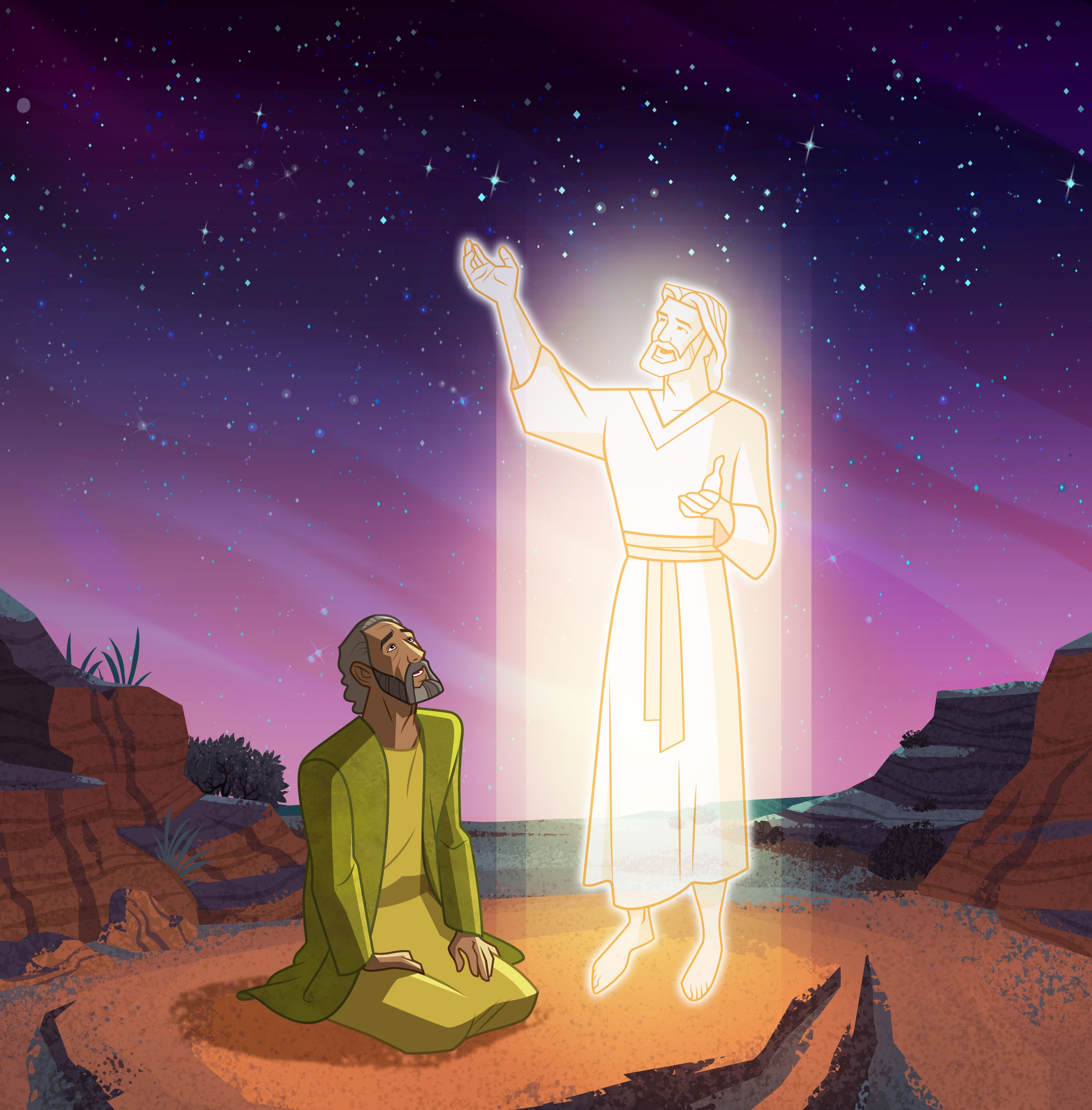 Illustration von Abraham, dem Gott erscheint 
Abraham 2:6-11