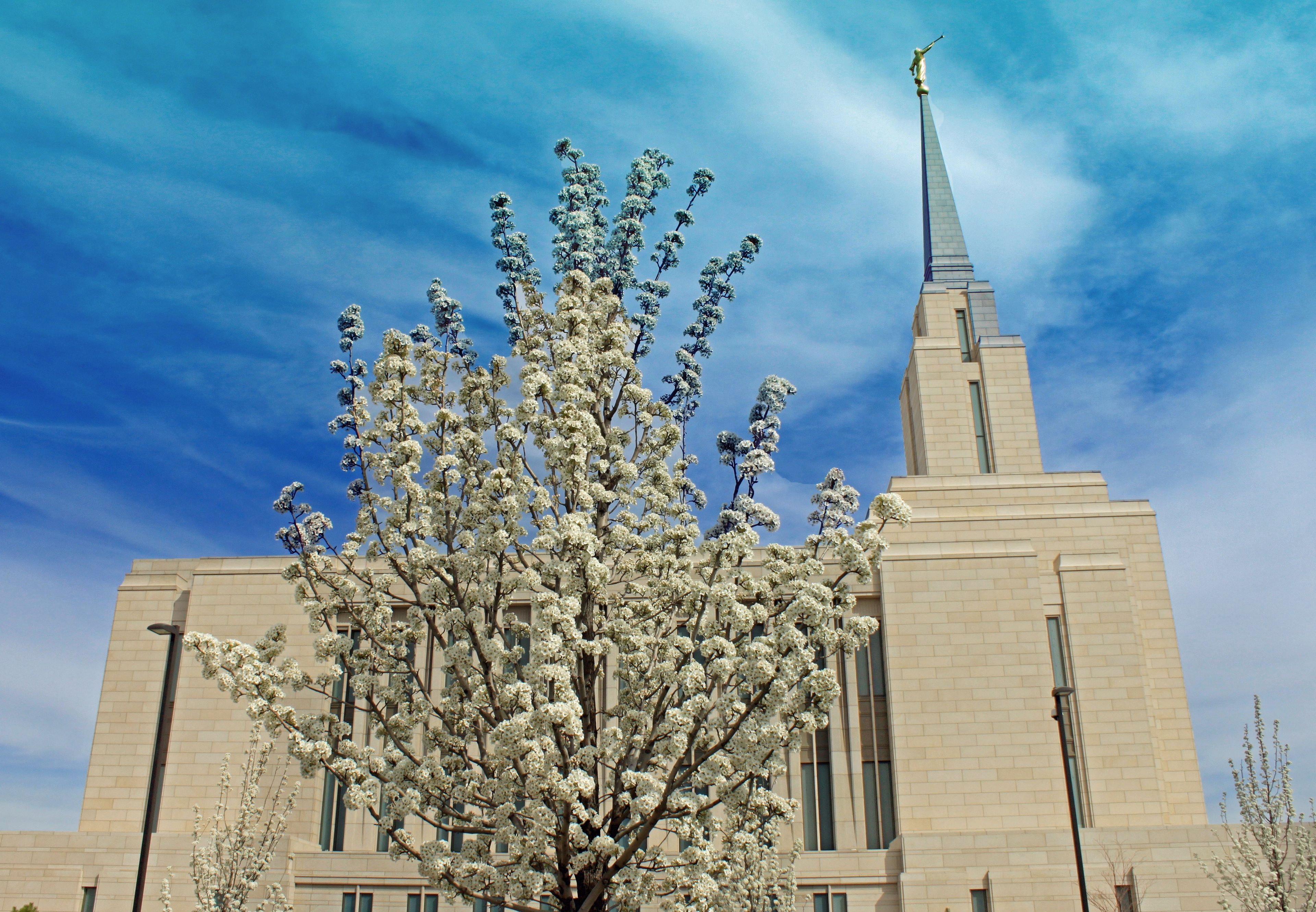 The Oquirrh Mountain Utah Temple side view, including the exterior of the temple, the spire, and scenery.