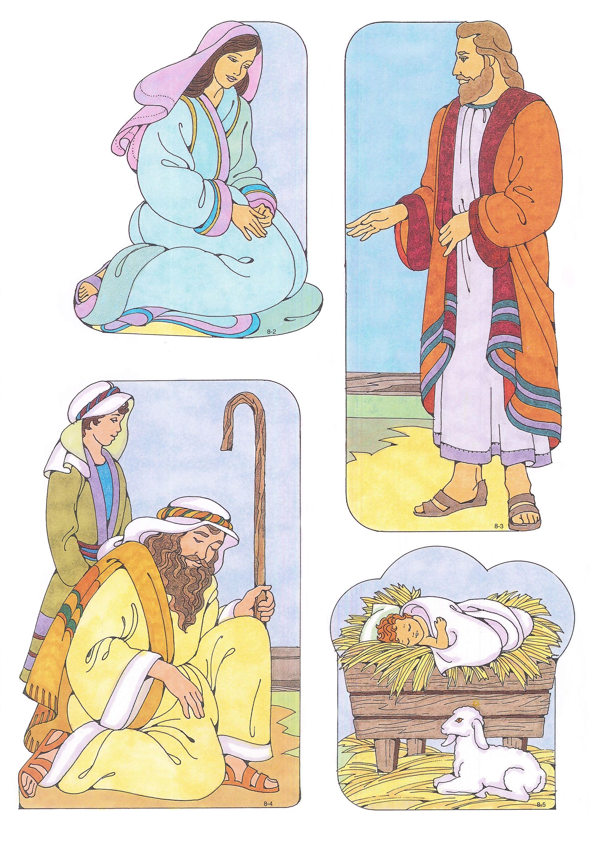Primary Visual Aids: Cutouts 8-2 Mary; 8-3 Joseph; 8-4 Shepherds; 8-5 Baby Jesus in a Manger and a Lamb by the Manger.