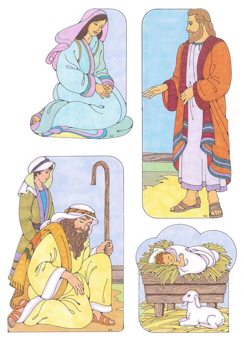 Colored drawings depicting Mary, Joseph, shepherds, and the baby Jesus in a manger next to a small white lamb.