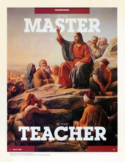 A painting of Christ giving the Sermon on the Mount, paired with the words “Let the Master Be Your Teacher.”