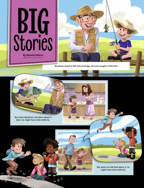 Panel story with images of a boy telling his grandfather stories