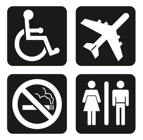 mga simbolo para sa wheelchair, eroplano, no smoking, kasilyas