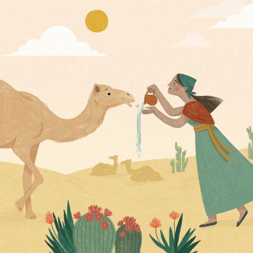 cut-out card of Rebekah watering a camel