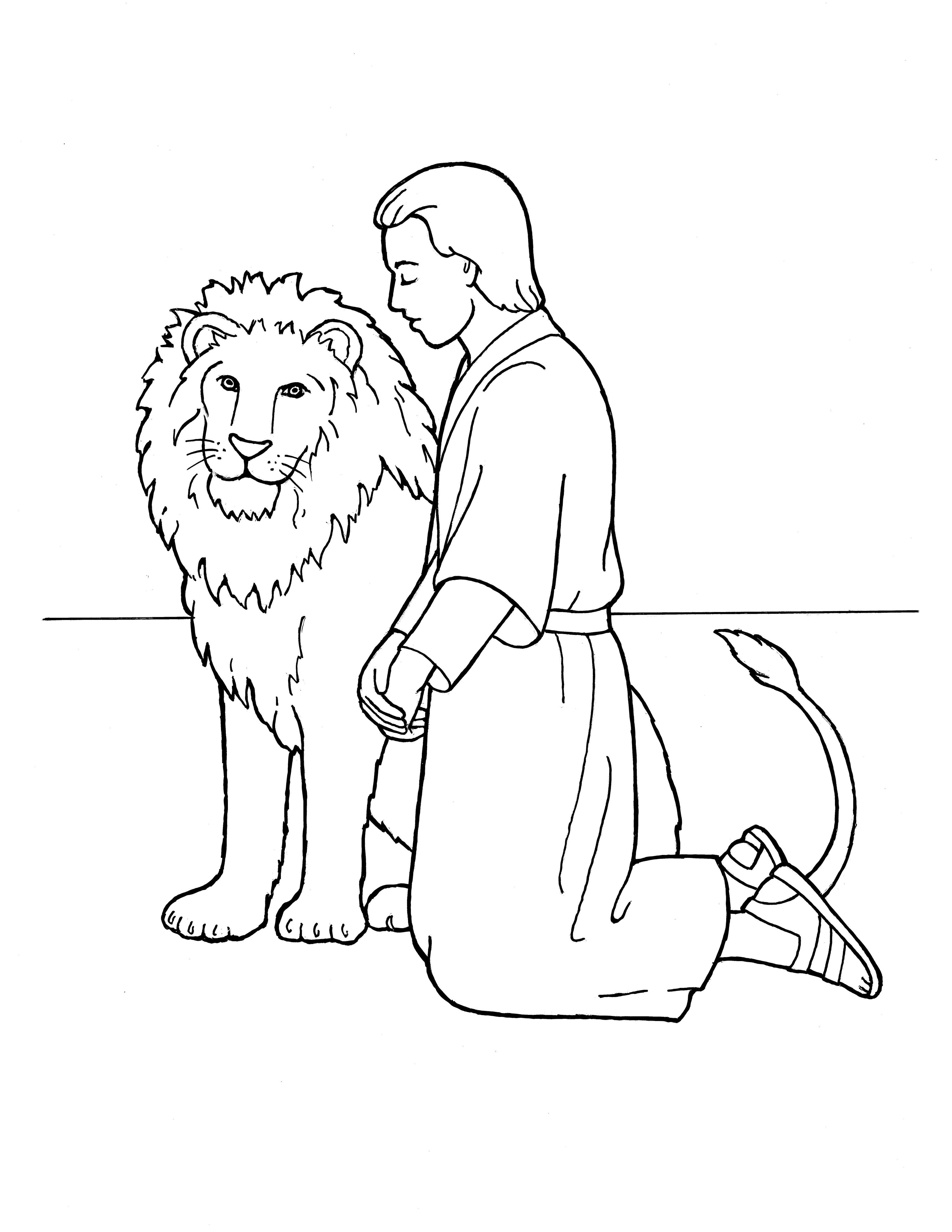 An illustration of Daniel kneeling in prayer beside a lion, from the nursery manual Behold Your Little Ones (2008), page 103.