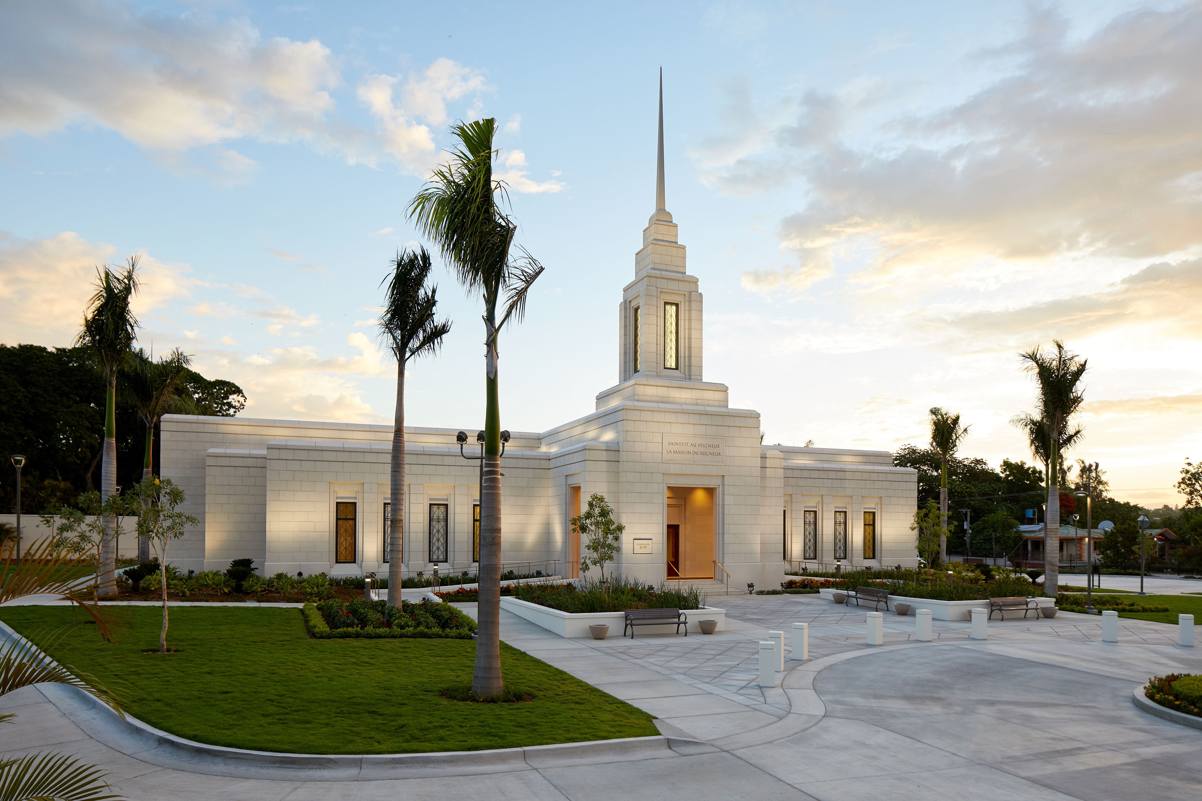 A view of the Port-au-Prince Haiti Temple as the sun sets.