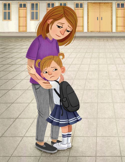 Mom hugging young girl wearing backpack