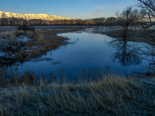 A river in Cache Valley in winter, with trees and mountains nearby.