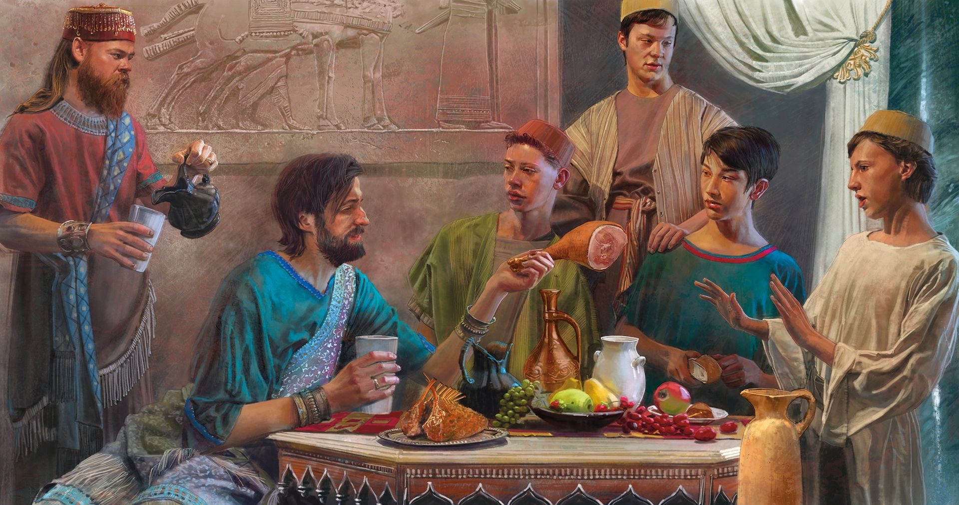 Illustration of the prophet Daniel with advisers during a meal.