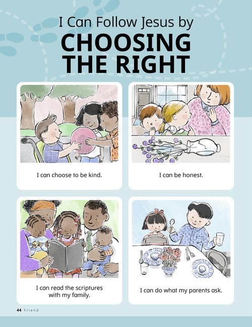 Panel story for young children with images of children being kind, honest, and helpful