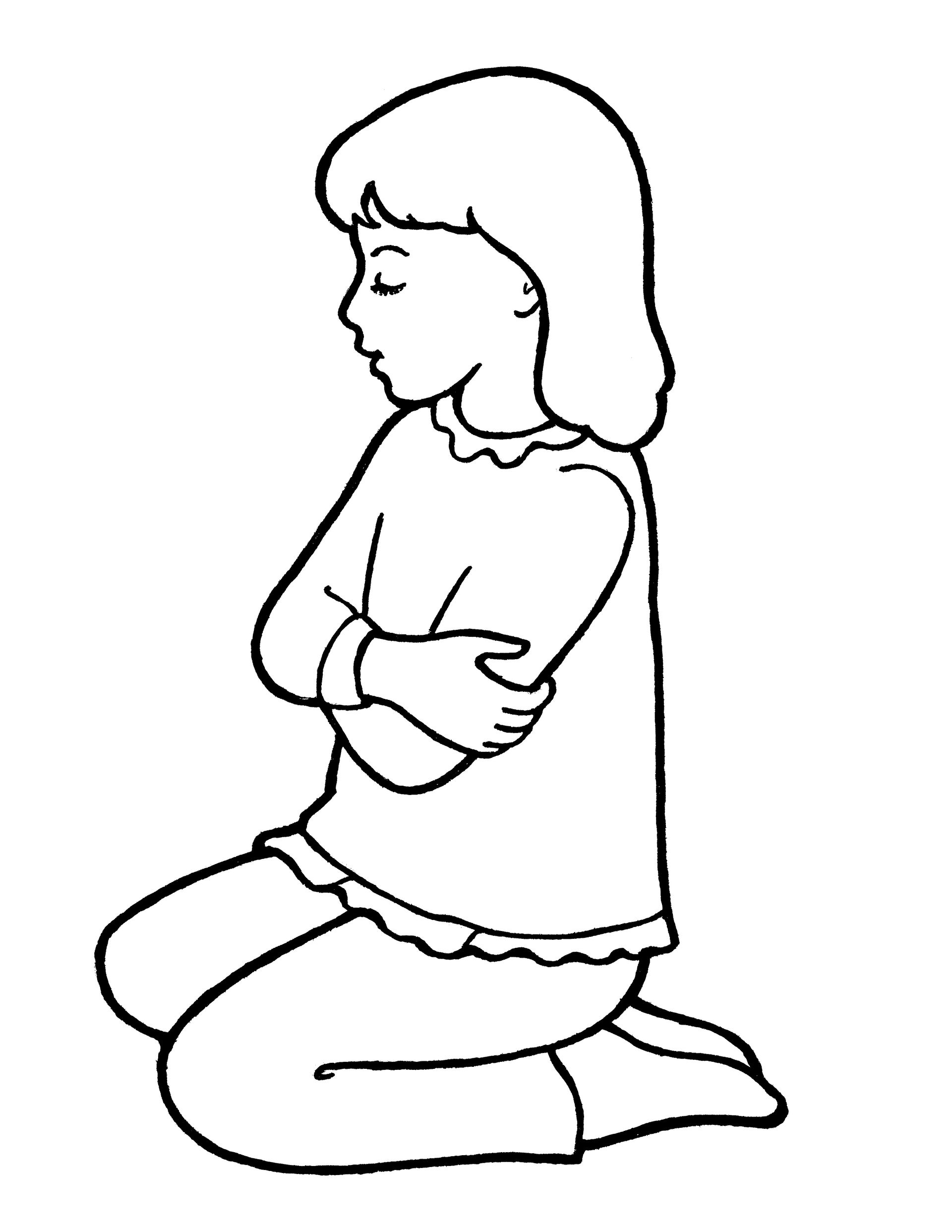 A line drawing of a Primary-age girl kneeling in prayer, from the nursery manual Behold Your Little Ones (2008), page 31.