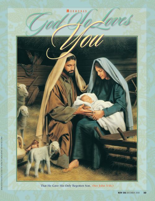 A painting showing Mary and Joseph holding the Christ child, with the words “God So Loves You” emphasized on the top border.