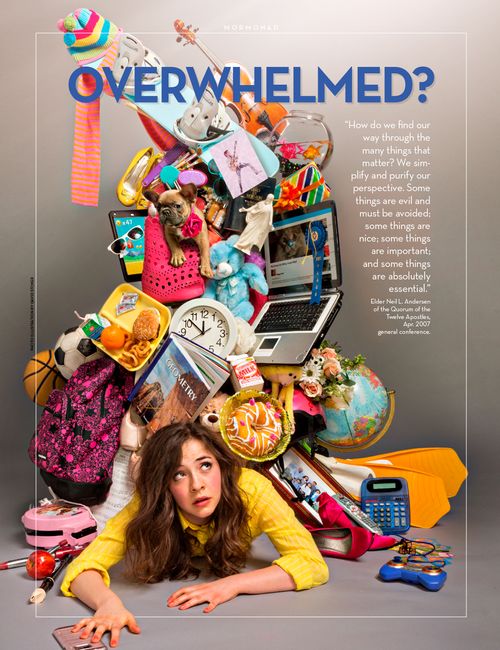 A young woman with an anxious expression lies pinned under a precarious heap of objects representing work, hobbies, service, education, and faith.