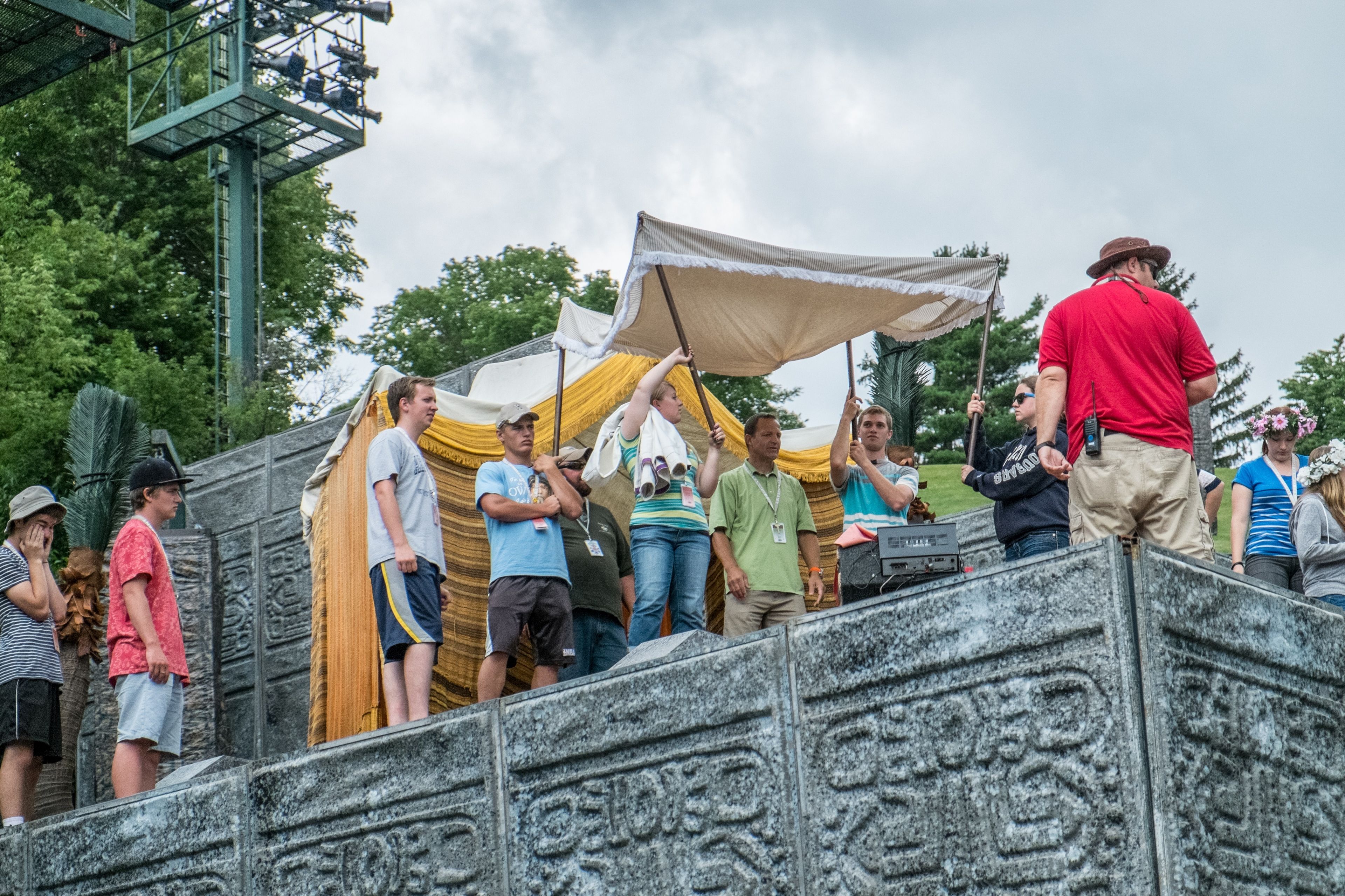 A stage crew setting up a tent for the Hill Cumorah Pageant.