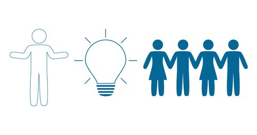 Illustration of people with a lightbulb. One person is alone representing letting your light shine.