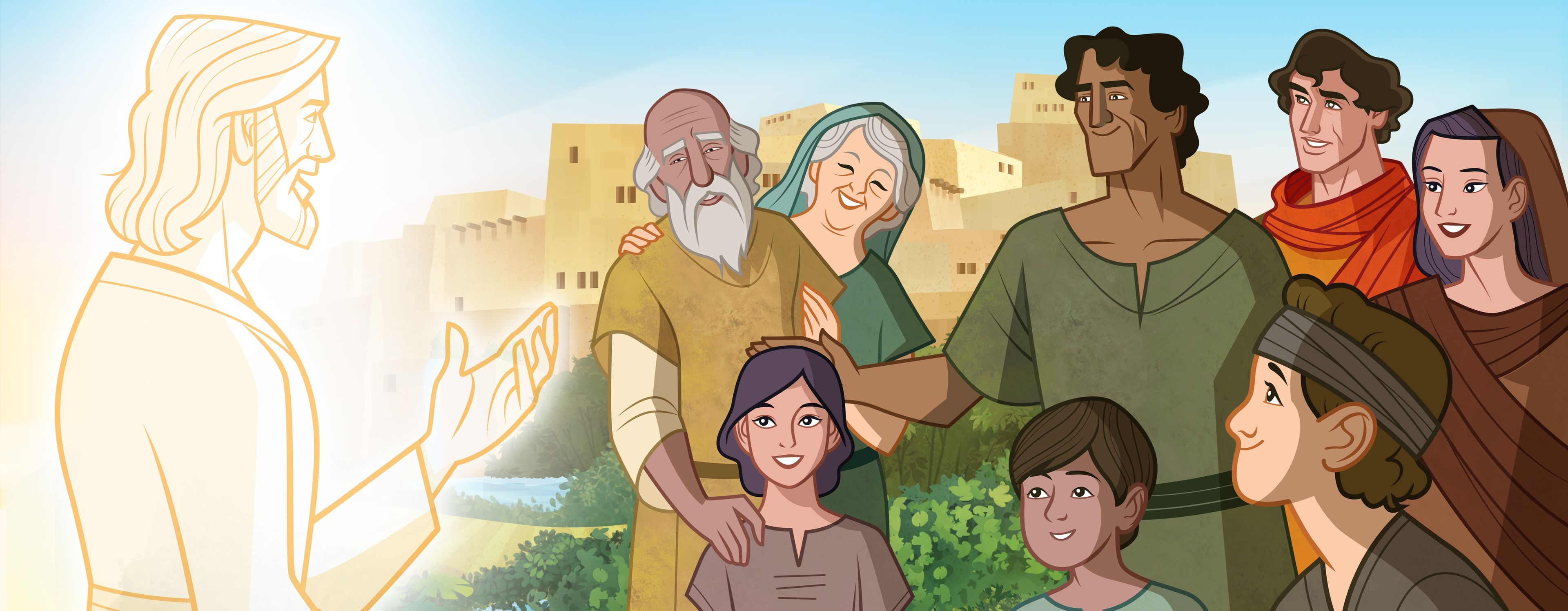 Ilustración de Dios hablando al pueblo de Sion. 
Génesis 5:24; Moisés 7:18, 21, 68–69