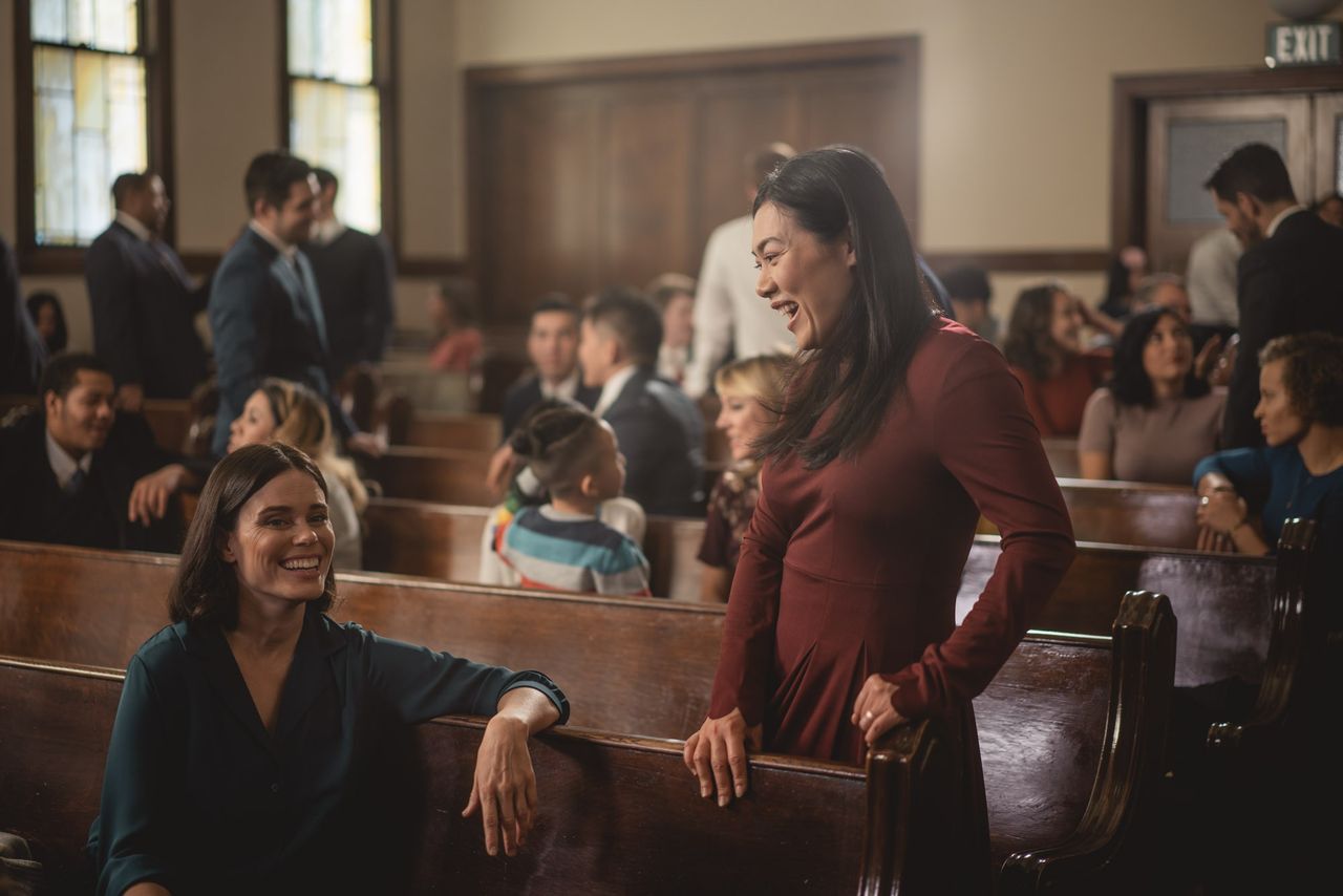 Two women socializing after church