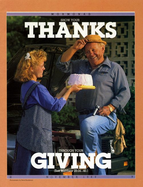 A photograph of a young woman giving a cake to a man who is fixing a vehicle, paired with the words “Show Your Thanks through Your Giving” at the top and bottom.