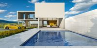 modern home with pool and sports car