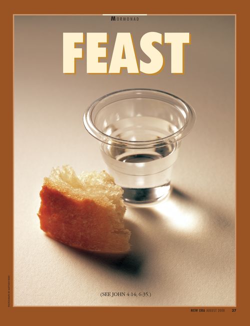 A conceptual photograph of a sacrament cup of water and a piece of bread, paired with the word “Feast."
