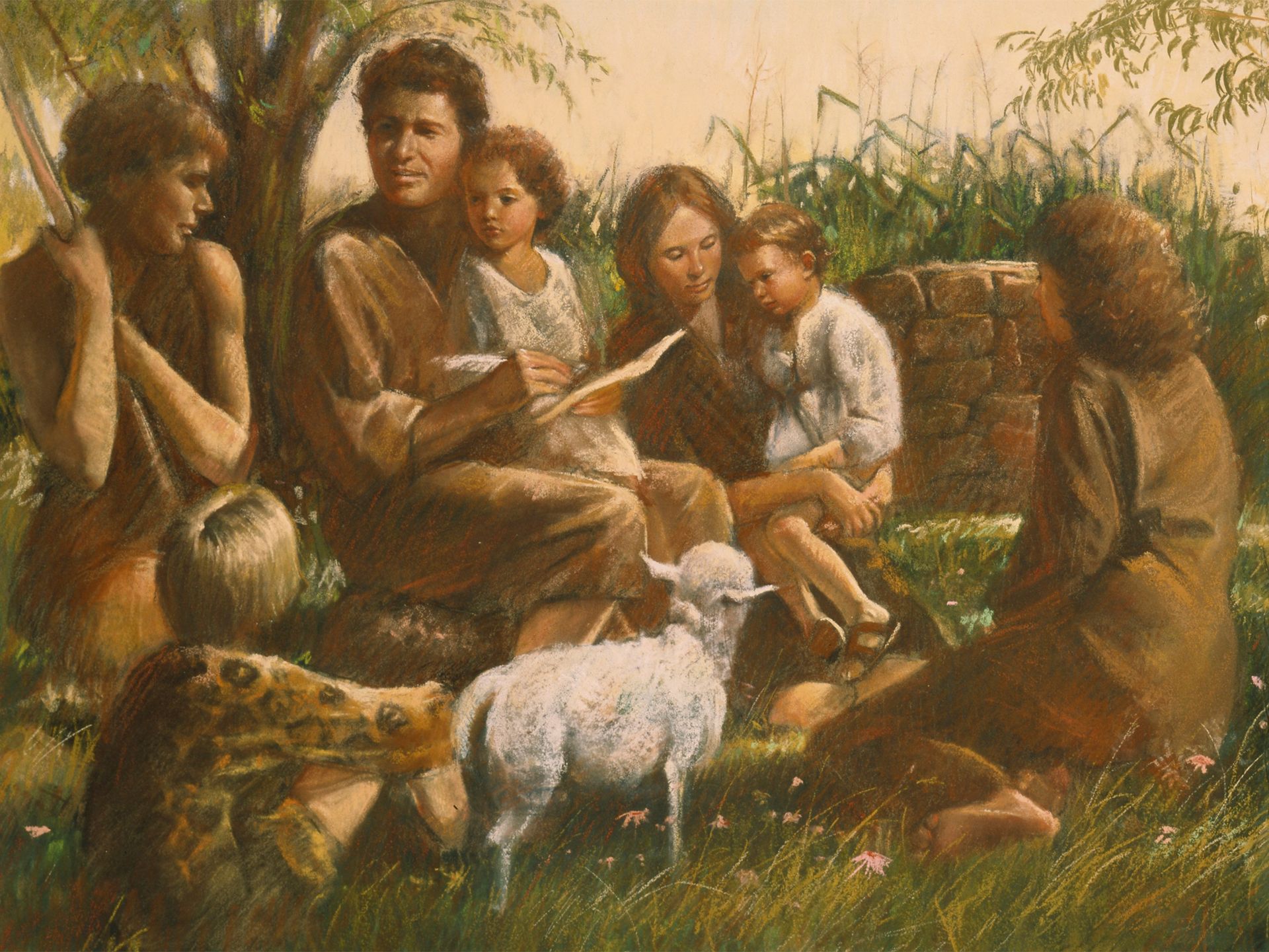 Adam and Eve teach their children under a tree.