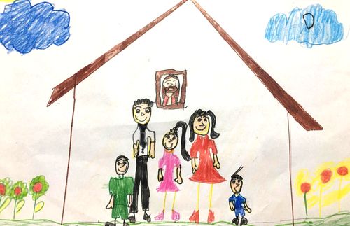 drawing of a house with a family