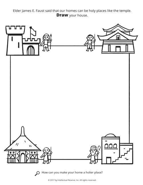 Line drawings of different types of homes with empty space in the middle to color on.