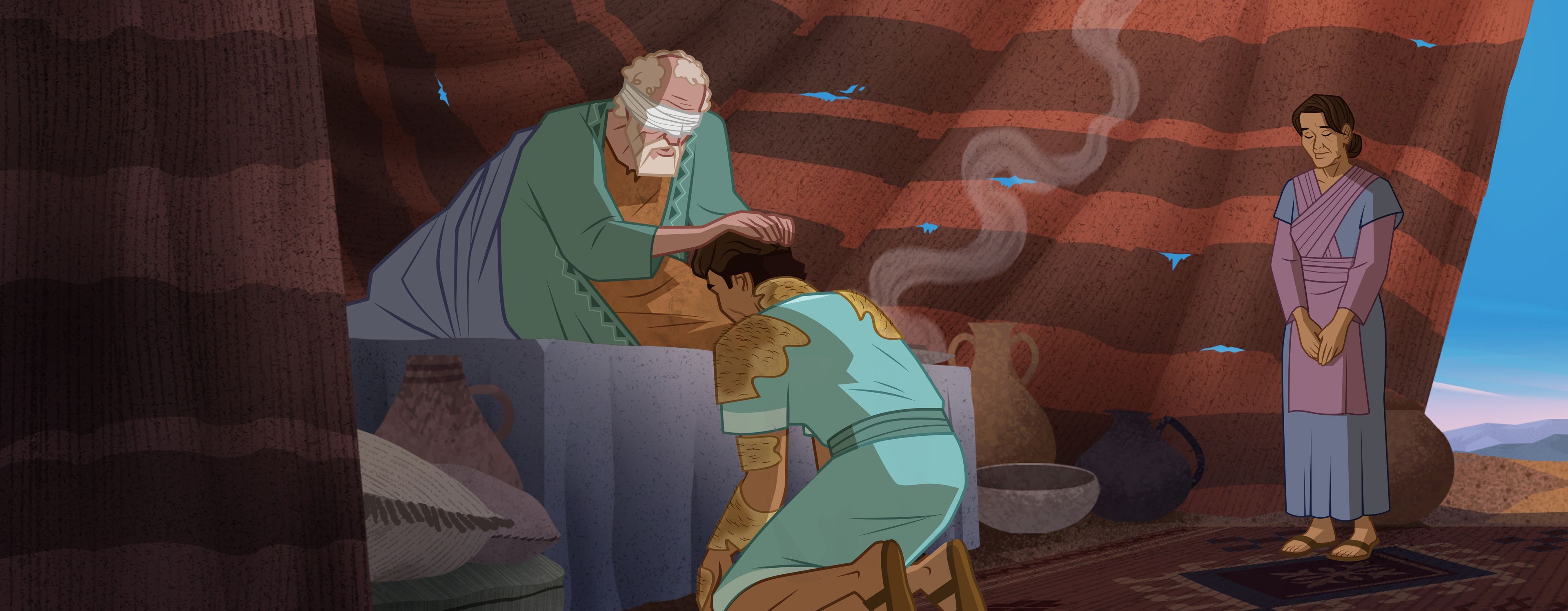 Illustration of Isaac giving Jacob blessing. Genesis 27:18–29